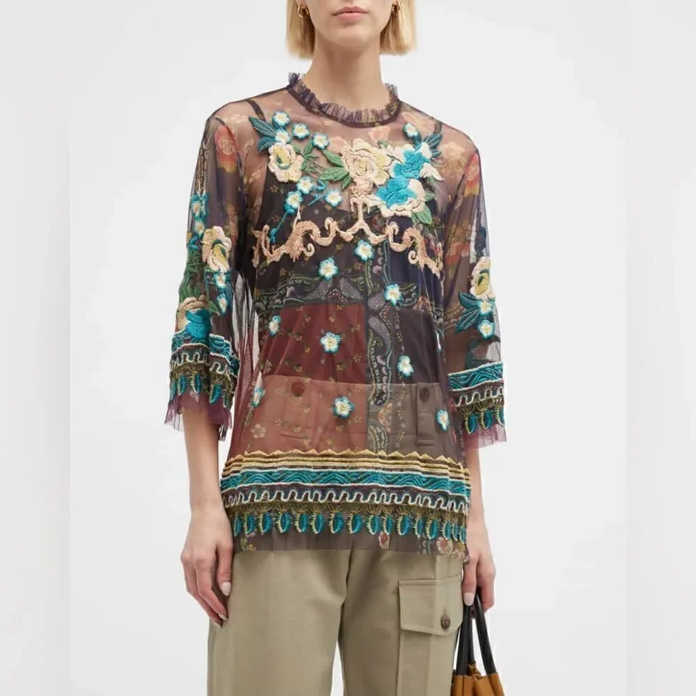 Johnny Was Renley Black Brown Blouse Sheer Mesh Floral Embroidered Size  XS